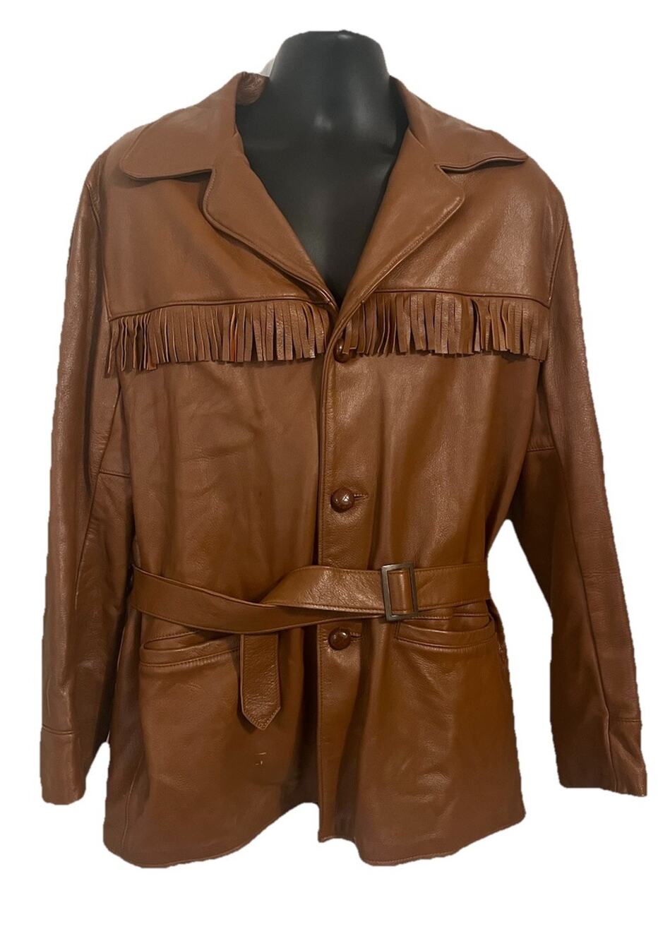 VTG 70s Deerskin Leather Jacket Fringe Western Belted Dagger Rock Brown L/XL 46